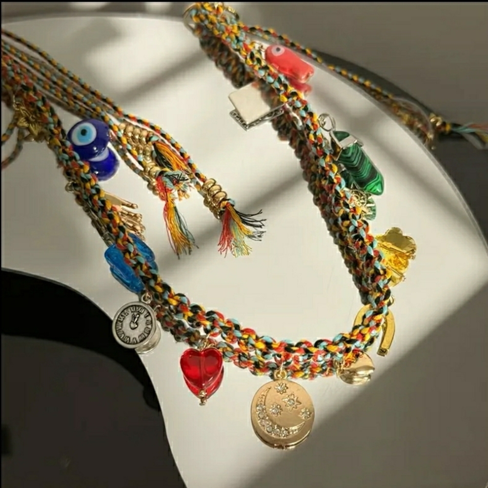 Colorful Woven Fringe Purse Bag Accessory w/ Charms & Stones - NWT!